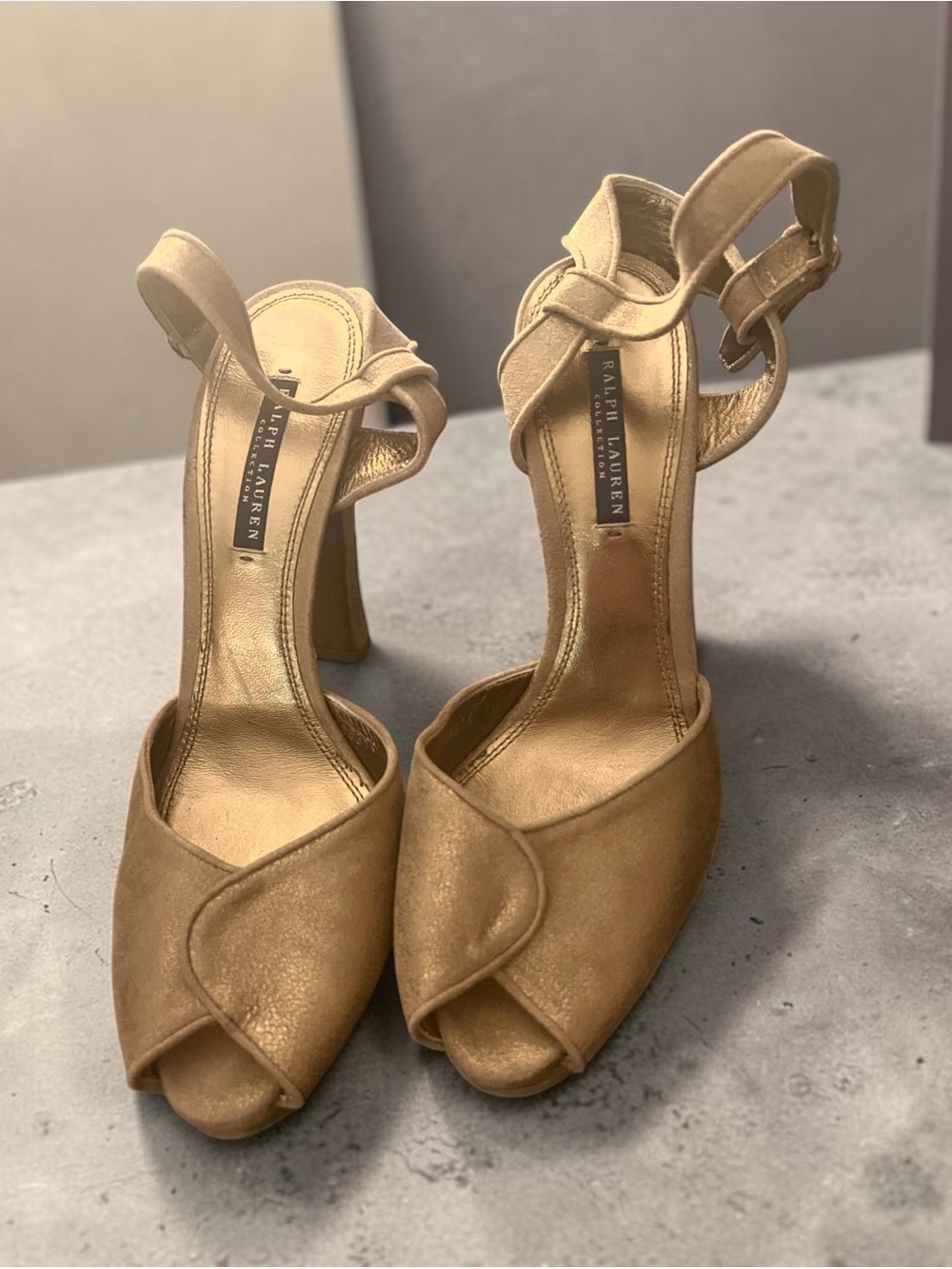 Vintage Ralph Lauren gold Leather Peep-Toe Ankle-Strap Platform Heels